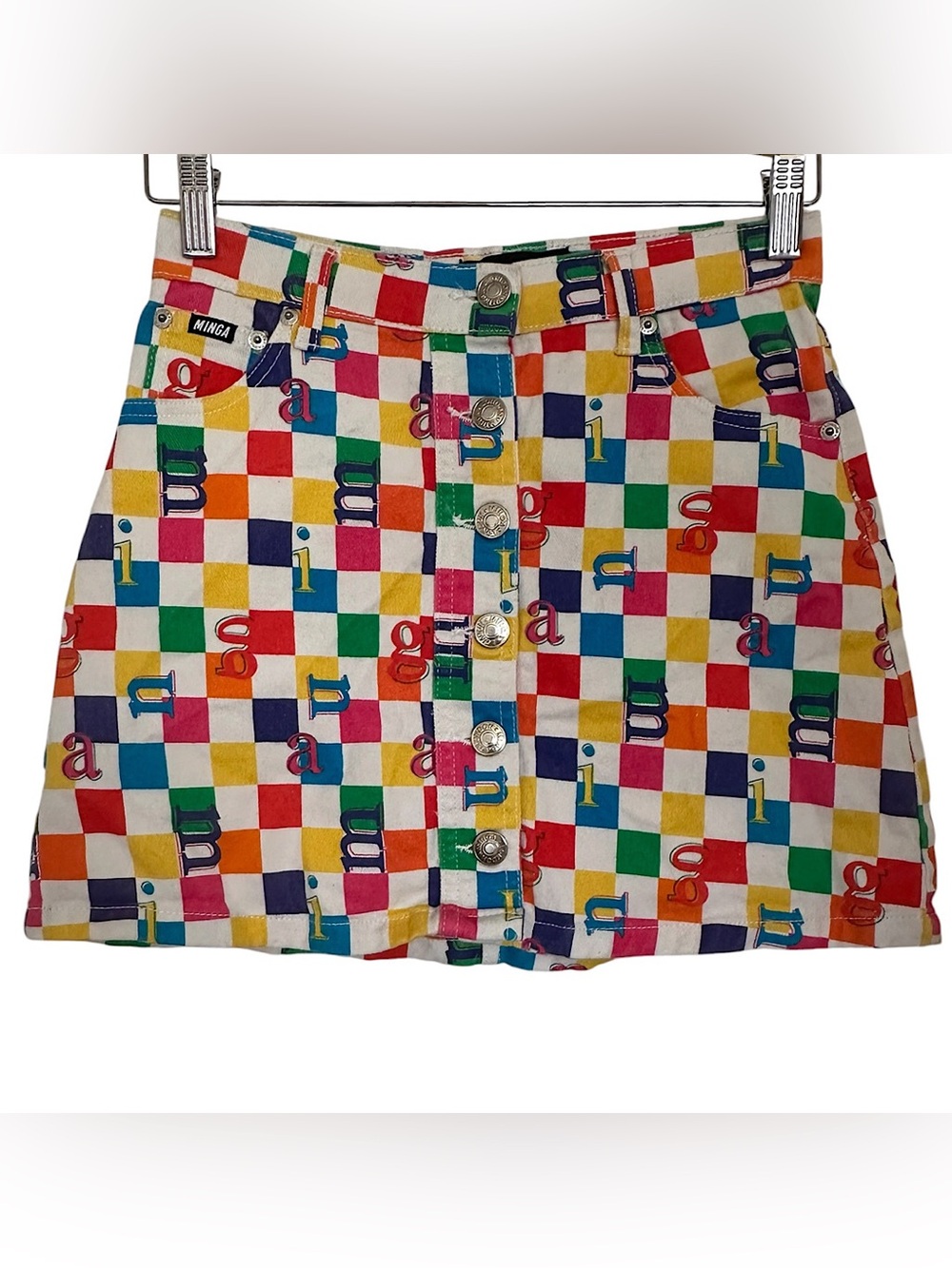 Minga London Women’s Rainbow Check Mini Skirt Size 2 USA Button Front Multicolor